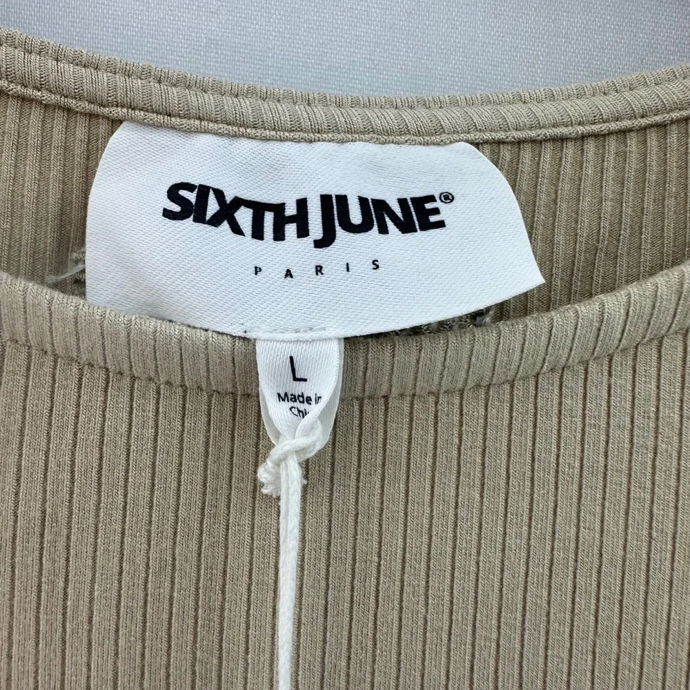 Sixth June Paris Beige Ribbed Drawstring Side Top Size L |‎ Long Sleeve NWT